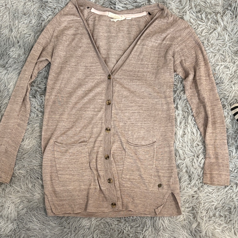 Light Taupe Longline V-Neck Button Cardigan with Pockets